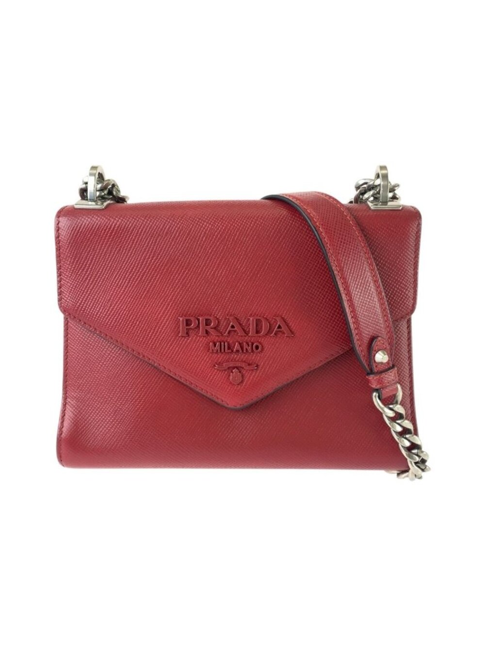 Prada Saffiano Red Silver Leather Chain Shoulder Bag Pochette